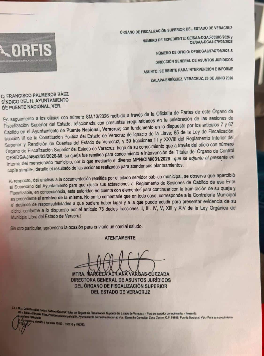 ORFIS desecha y ordena el archivo de la queja presentada por el síndico de Puente Nacional